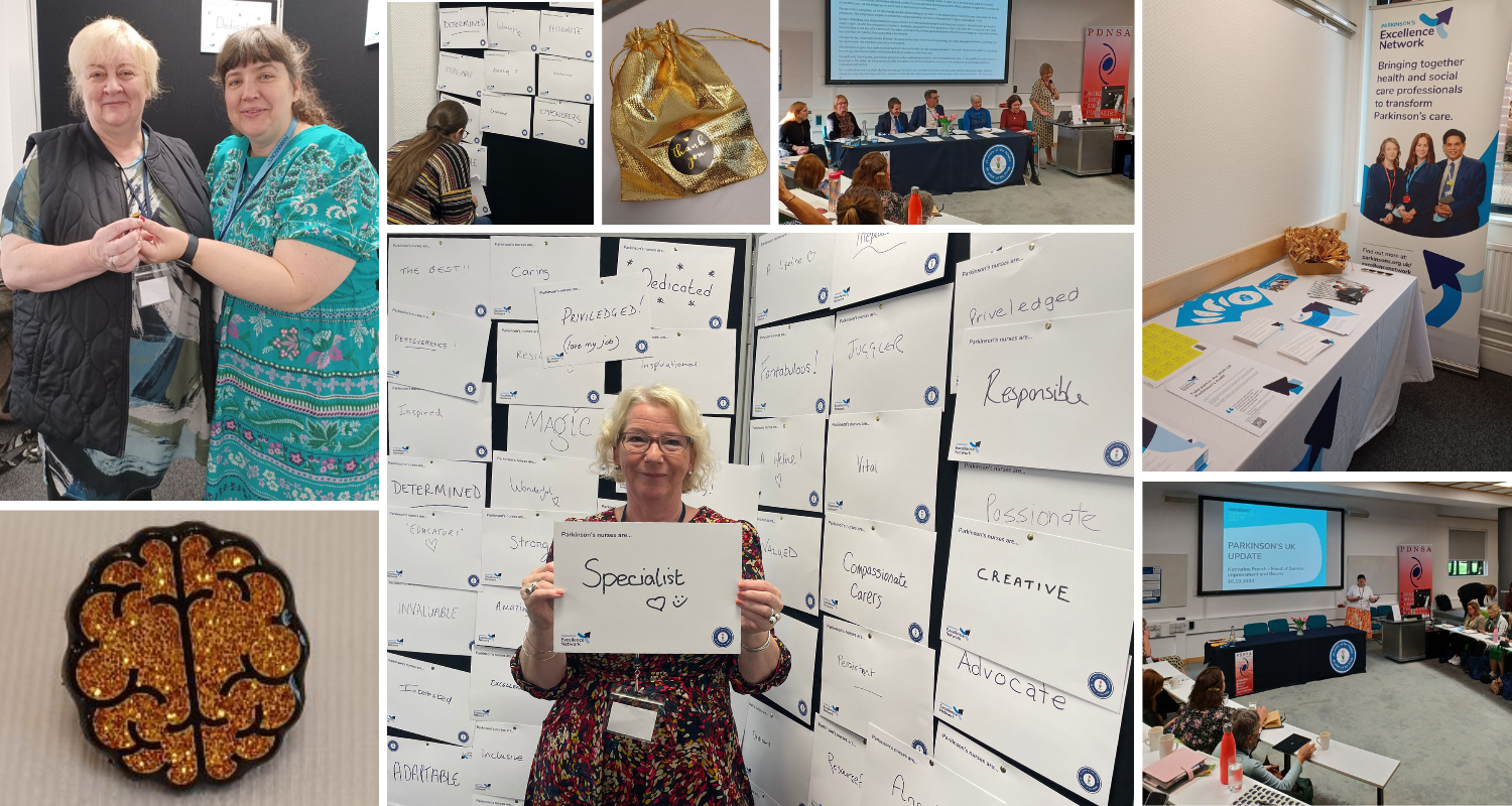 A collage of photos: two women stand side by side; a woman stands in front of a notice board; a gold gift bag; a conference panel; an information stand; a conference speaker; a woman holds a card with the word 'Specialist'; a gold badge in the shape of a brain.