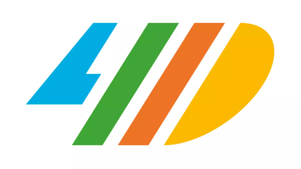 the 4d logo is a 4 written in blue and green, d written in orange and tellow