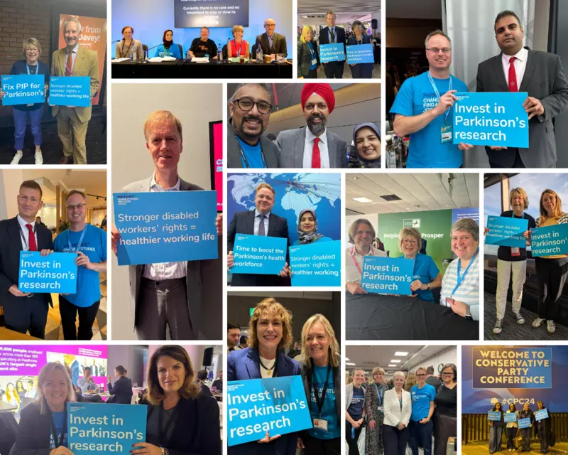 A collage of party conference attendees holding various placards.